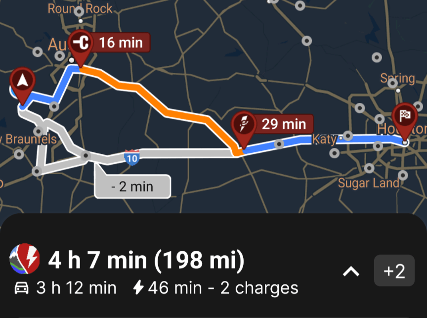 A Better Route Planner screenshot showing a route plan to Houston with charging stops for the Mini Cooper SE.