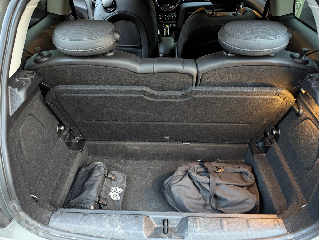 View of the back cargo area in the 2023 Mini Cooper SE.