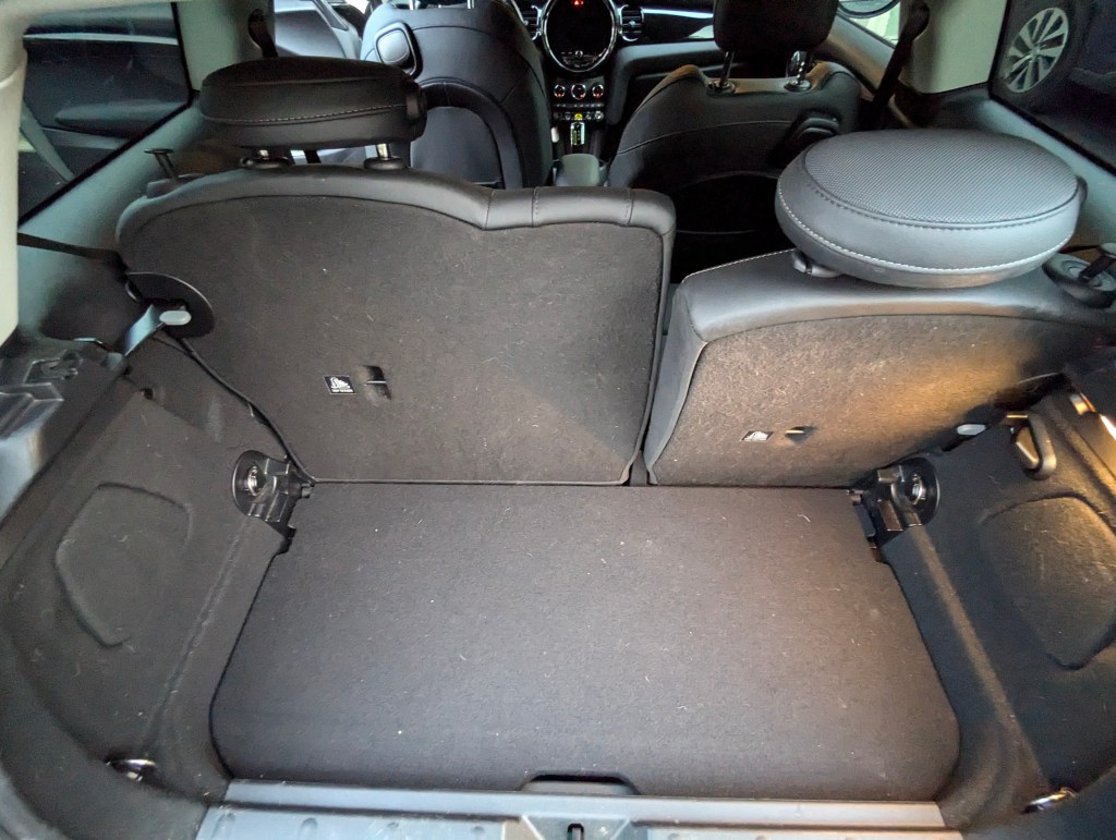 View of the back cargo area in the 2023 Mini Cooper SE.