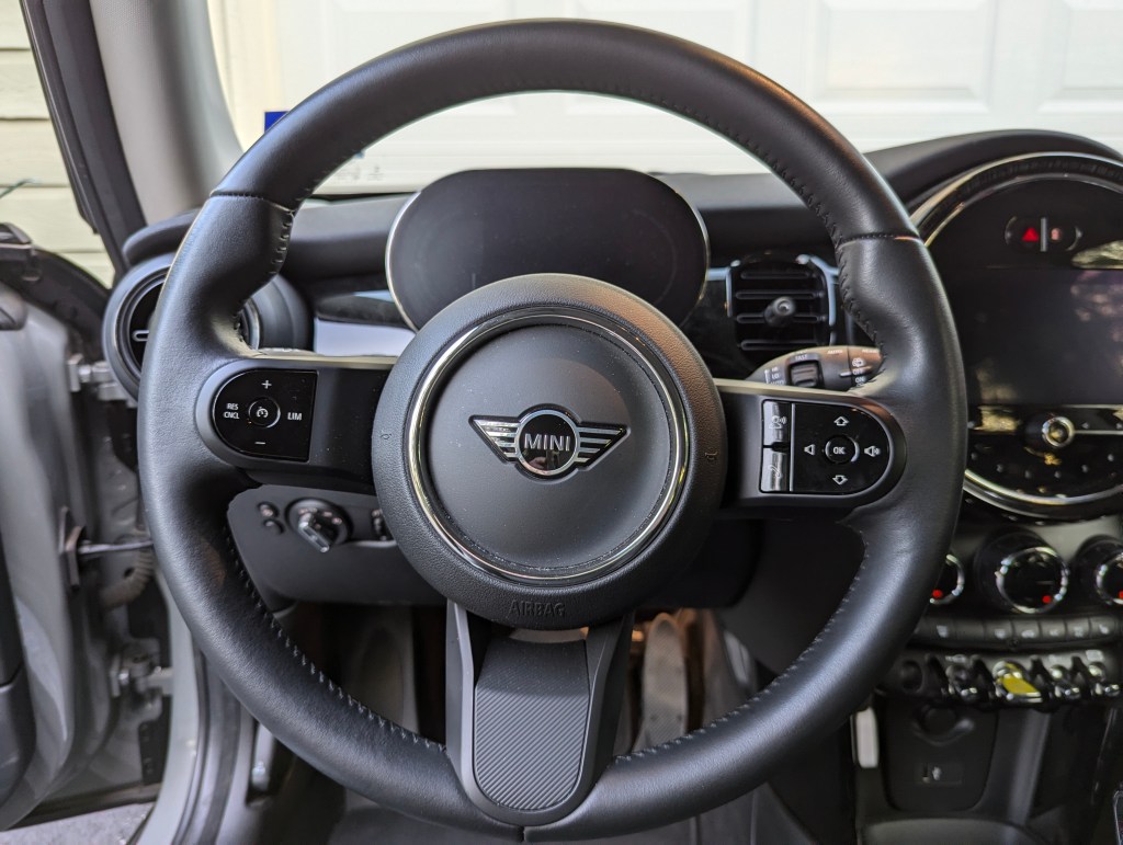 2023 Mini Cooper SE steering wheel.